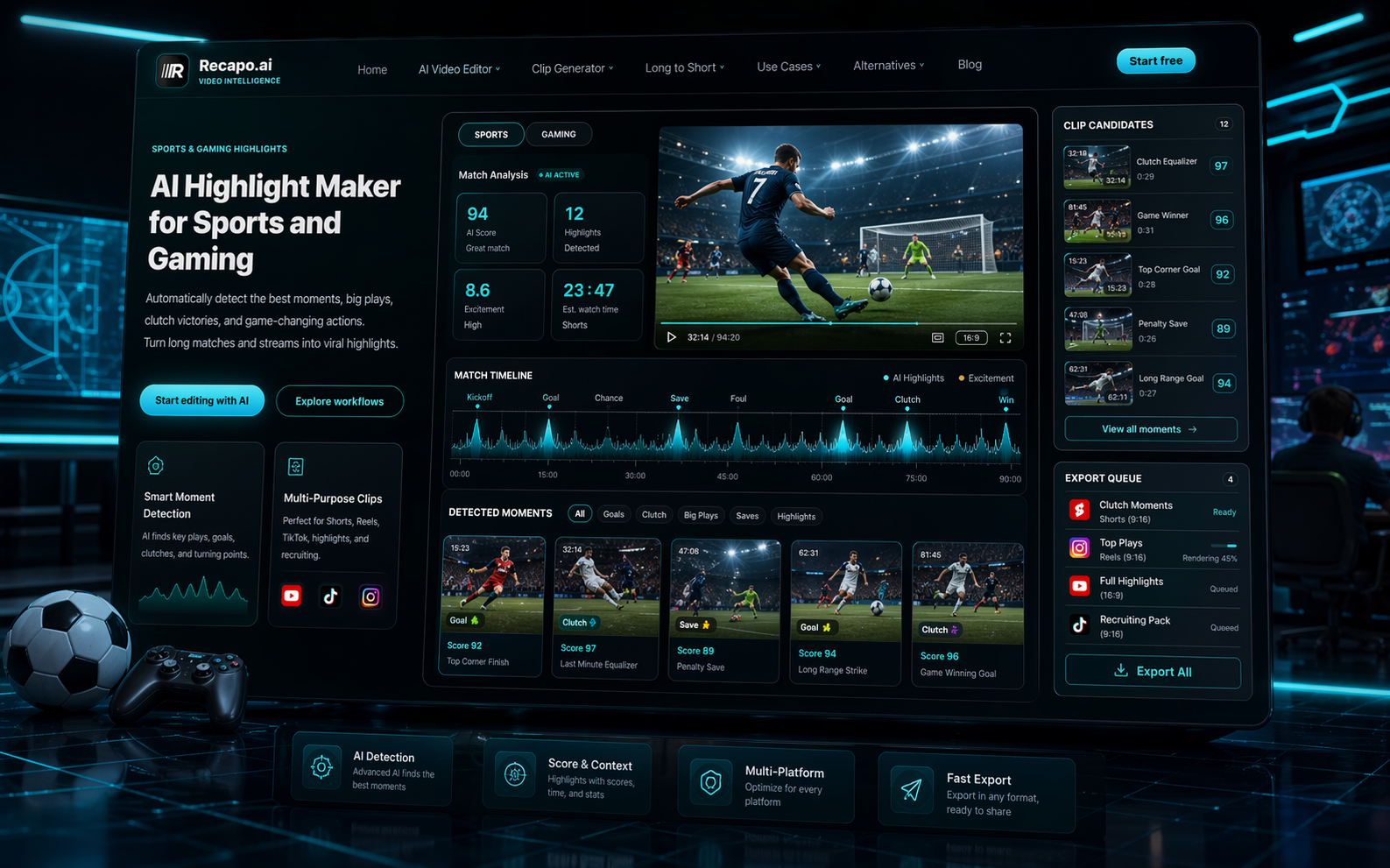 Recapo sports highlight maker AI workflow interface for sports highlight reels, player clips, recruiting cuts, social highlights, and promos