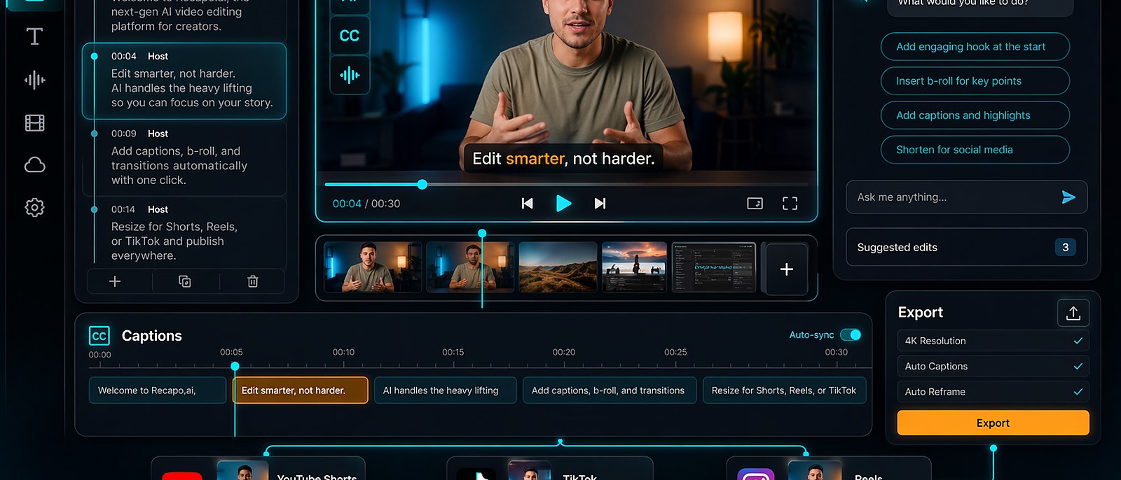 Recapo.ai final CTA visual showing automated video production, cloud rendering, and platform exports