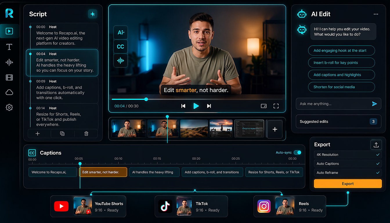 Recapo.ai easy editing use case with creator video, script panel, and production preview