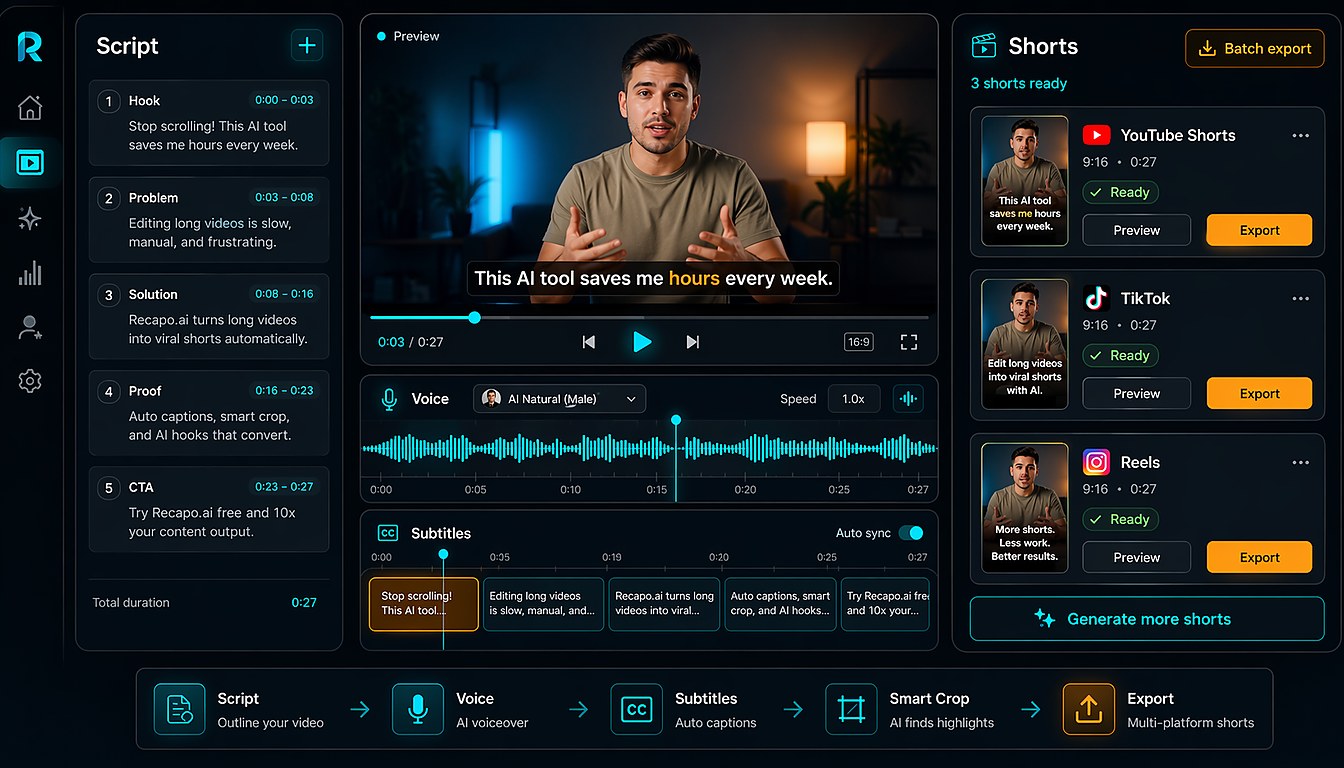 Recapo.ai solo creator workflow with script editor, video timeline, and AI editing controls