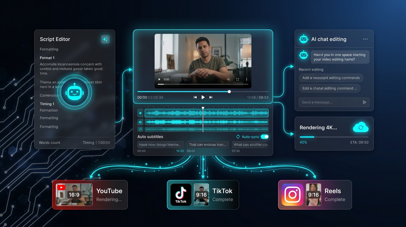 Recapo.ai AI video editing command center with script editor, video timeline, AI chat editing, 4K rendering, and platform exports