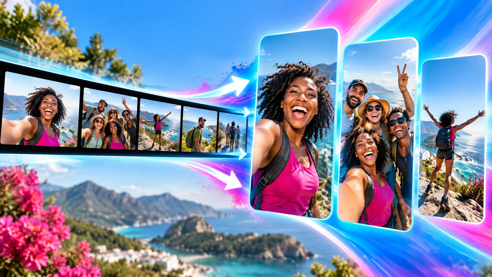 A horizontal travel video becoming three vertical short video frames