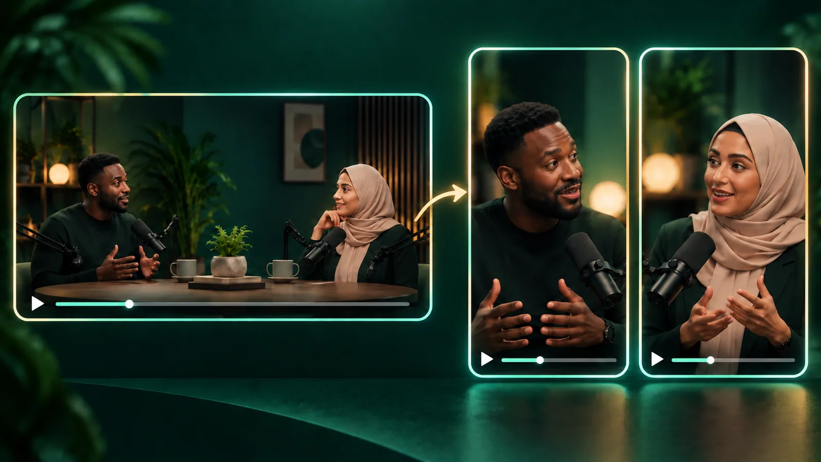 Un'intervista podcast in formato widescreen che diventa due clip video verticali con presentatore e controlli di riproduzione