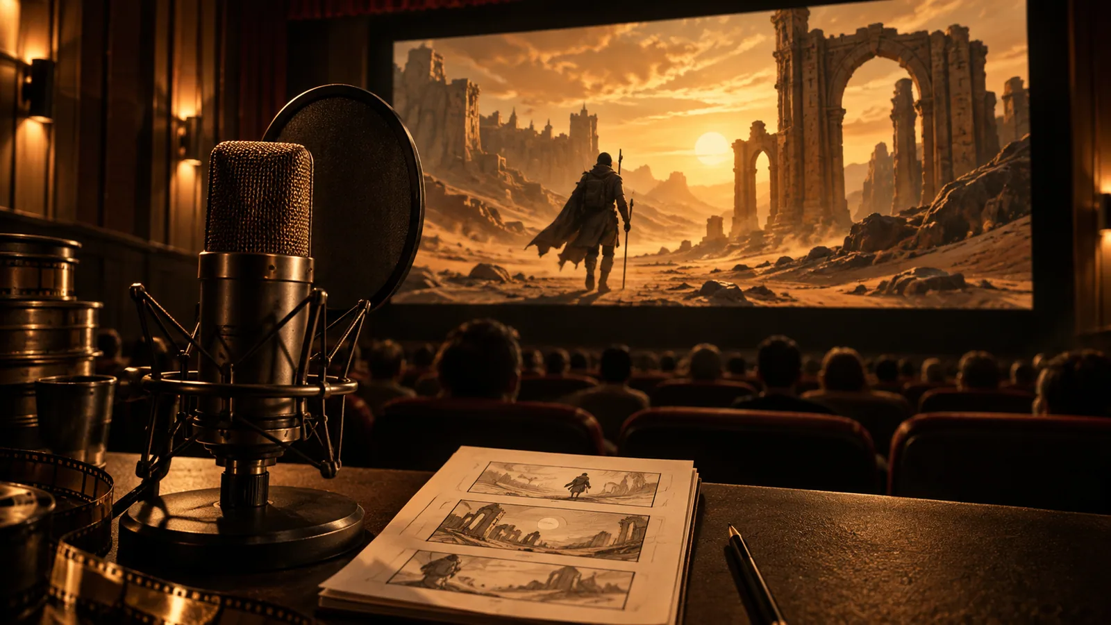Filmato cinematografico, microfono per narrazione e storyboard che mostra un flusso di lavoro per riassunti video
